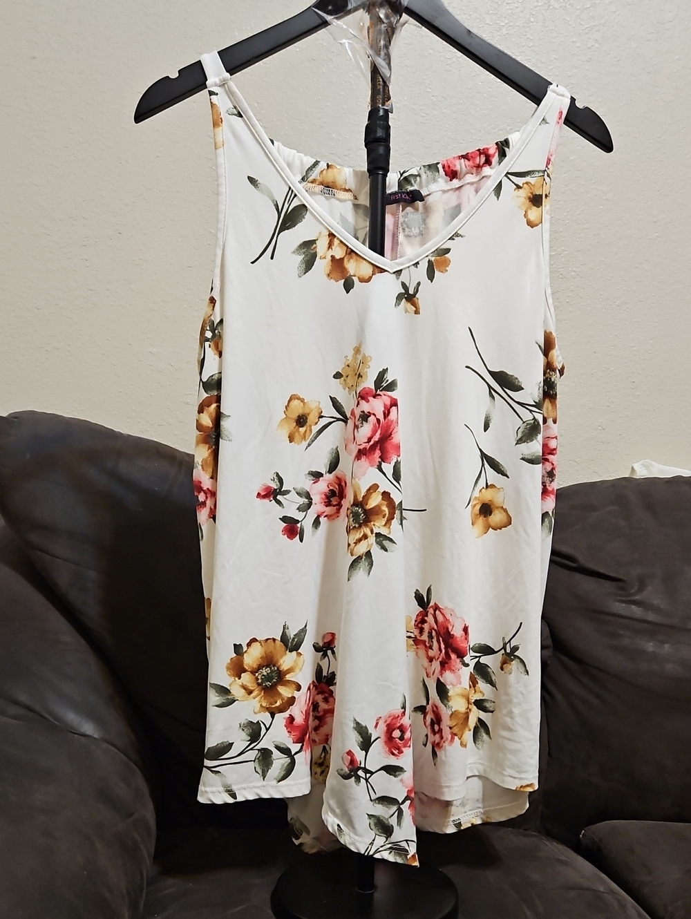 First Love White Floral V-Neck Camisole with Pink & Yellow Blooms